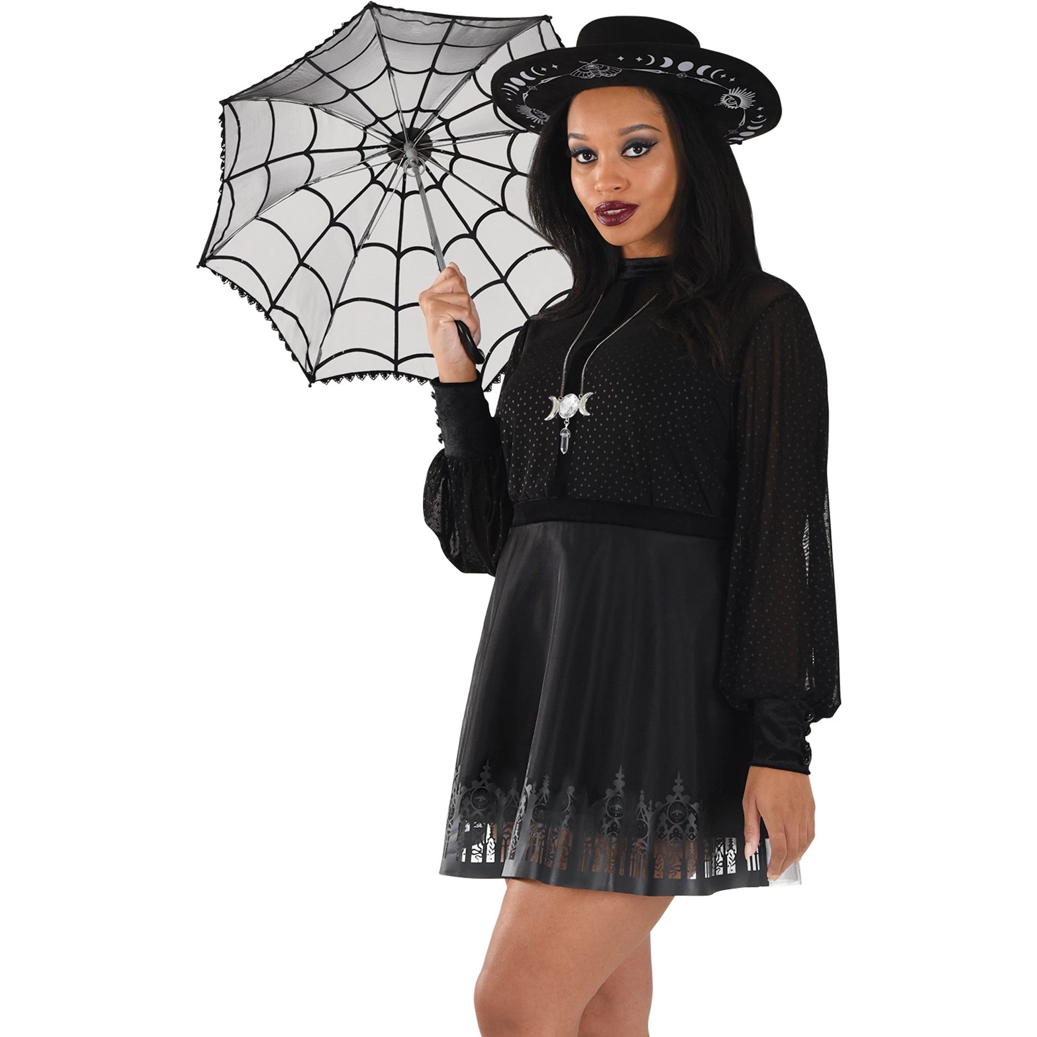 A modern-style witch costume with a black dress, hat, and parasol