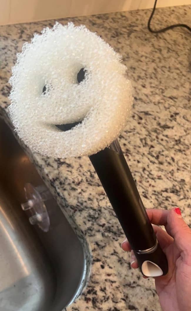 Person holding a black scrub brush with a smiling Scrub Daddy sponge attached to it 