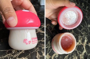 Reviewer holding mushroom shaped jar and opening it to reveal pink scrub inside 