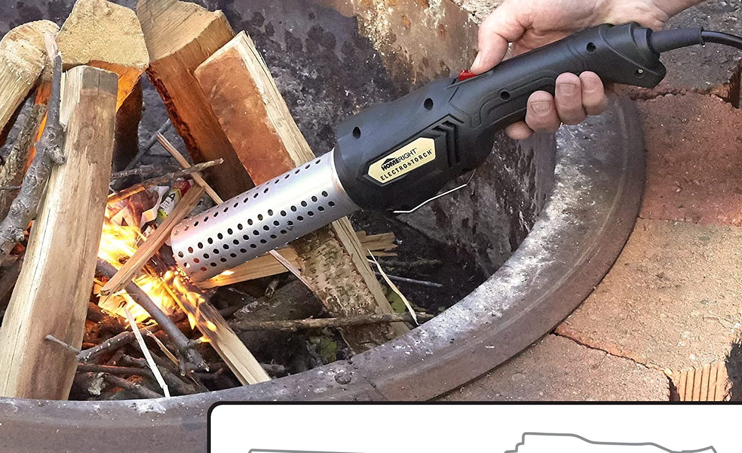 a model starting a fire in a pit with the fire starter