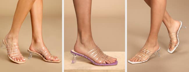 Three images of beige, purple, and white sandals
