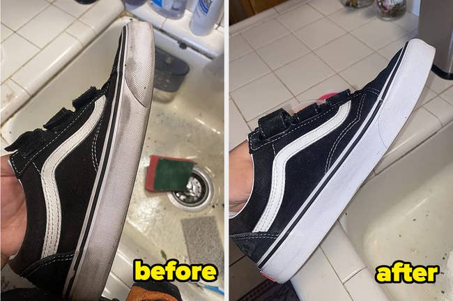 reviewer's dirty shoe before using the product and after when its clean