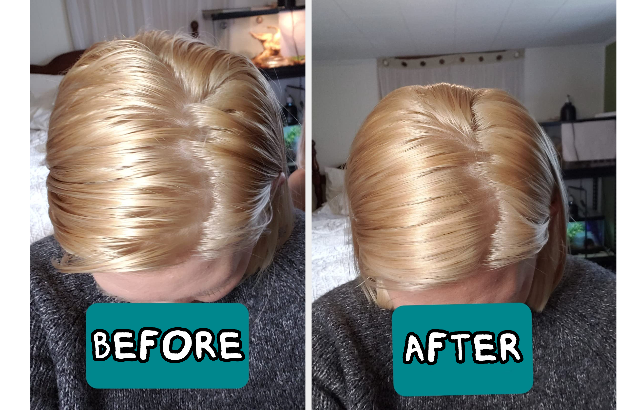 Before and aft  images showing hairsbreadth  with improved measurement   and smoothness aft  utilizing a styling product