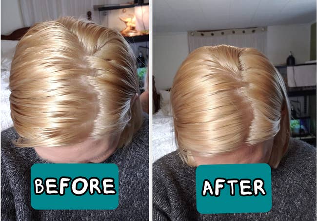 Before and aft images showing hairsbreadth with improved measurement and smoothness aft utilizing a styling product