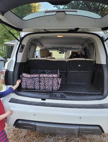 A leopard print rectangular organizer in the back of a trunk, taking up about a quarter of the space 
