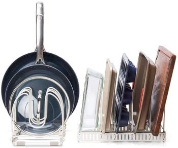 Pots and pans divided in product on a white background