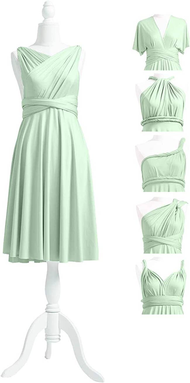 Mannequin with sleeveless sage green dress and various convertible choices
