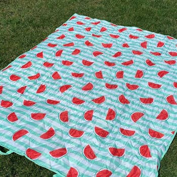 reviewer photo of picnic blankets with watermelons on it in the grass