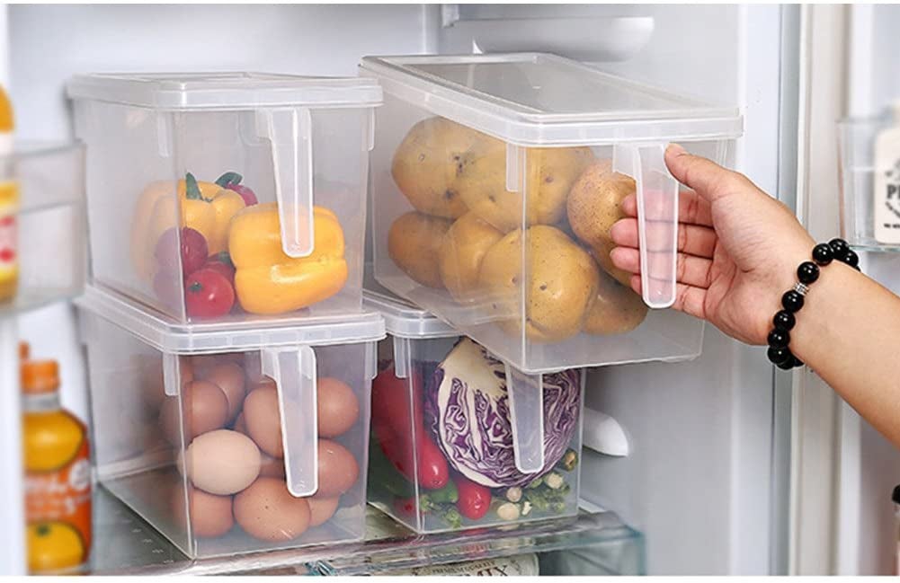 four stacked bins in a fridge