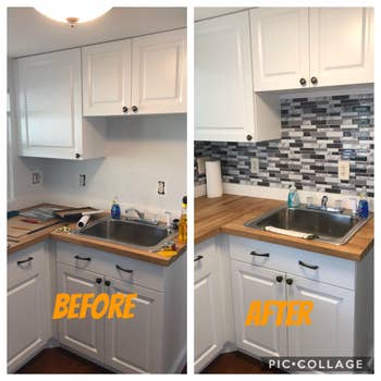 reviewer image showing their kitchen before and after applying the backsplash