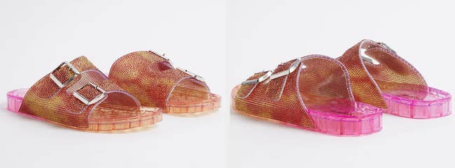 Two images of the pink slide sandals