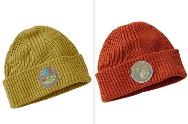 Yellow knit beanie with patch that reads 