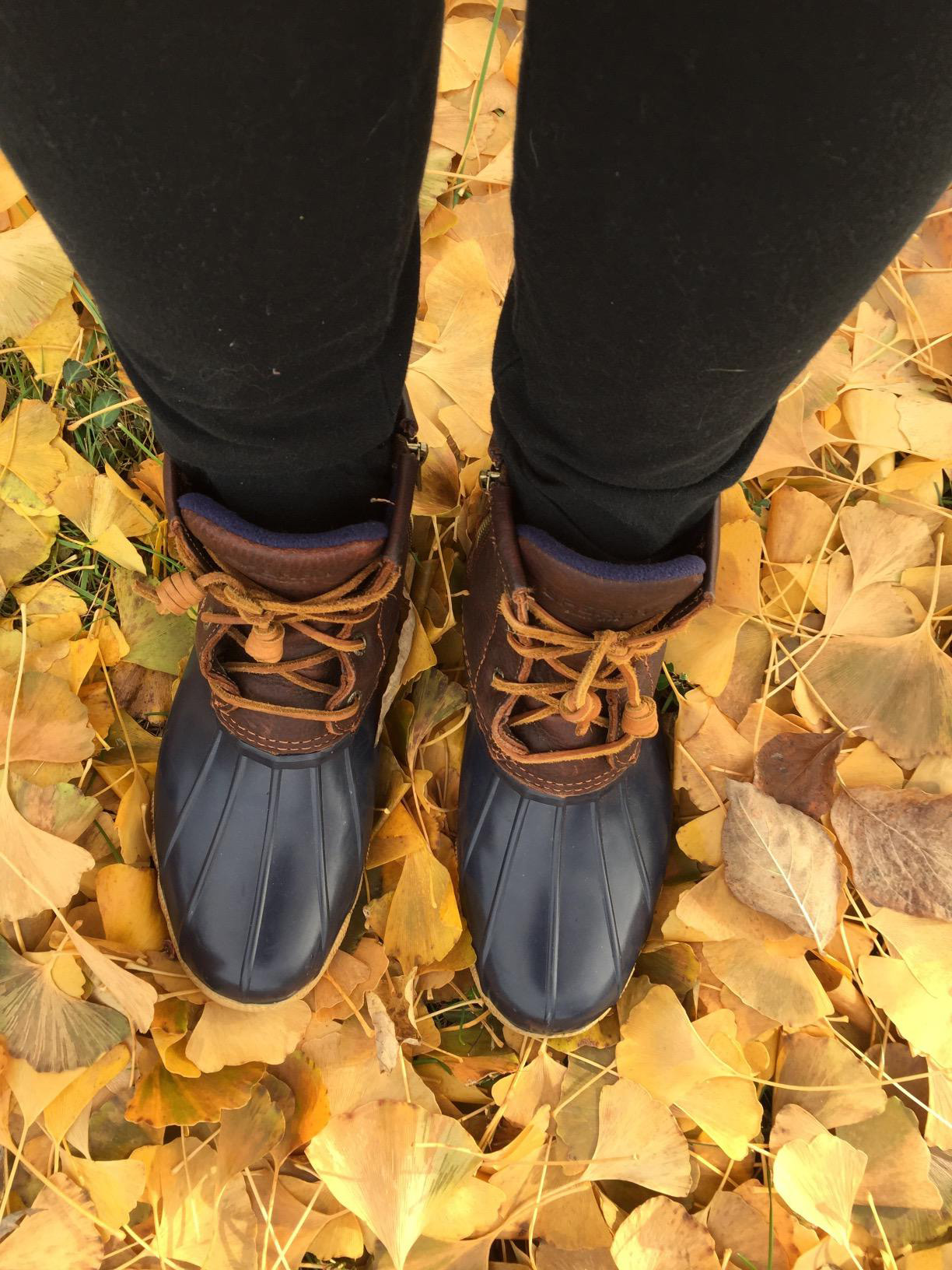 a reviewer in the brown and black sperry boots