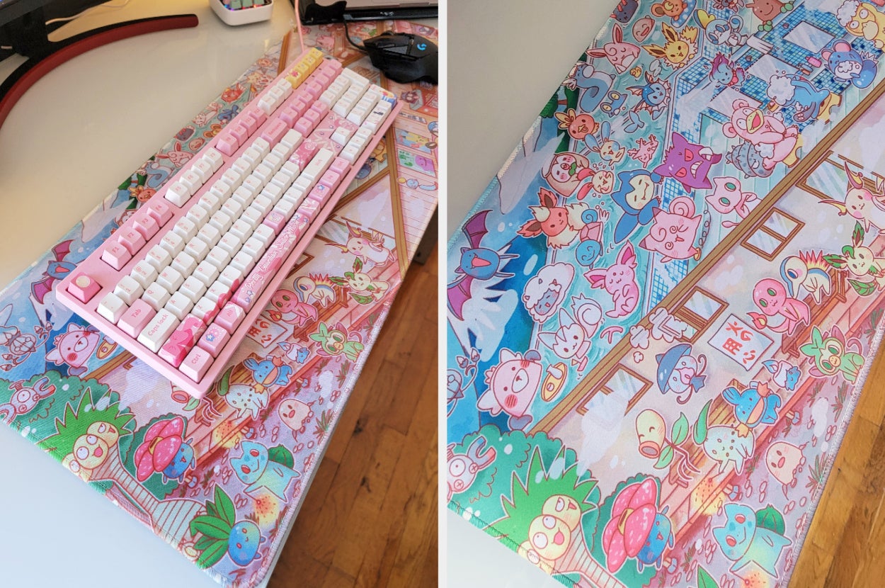 a pokemon-themed desk mat underneath a pink keyboard, and a second photo with a close-up of the details (various pokemon at a bathhouse)