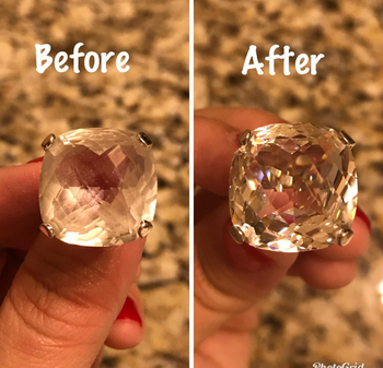 reviewer before photo of a dull-looking gem next to an after photo of the stone looking much shinier after being cleaned
