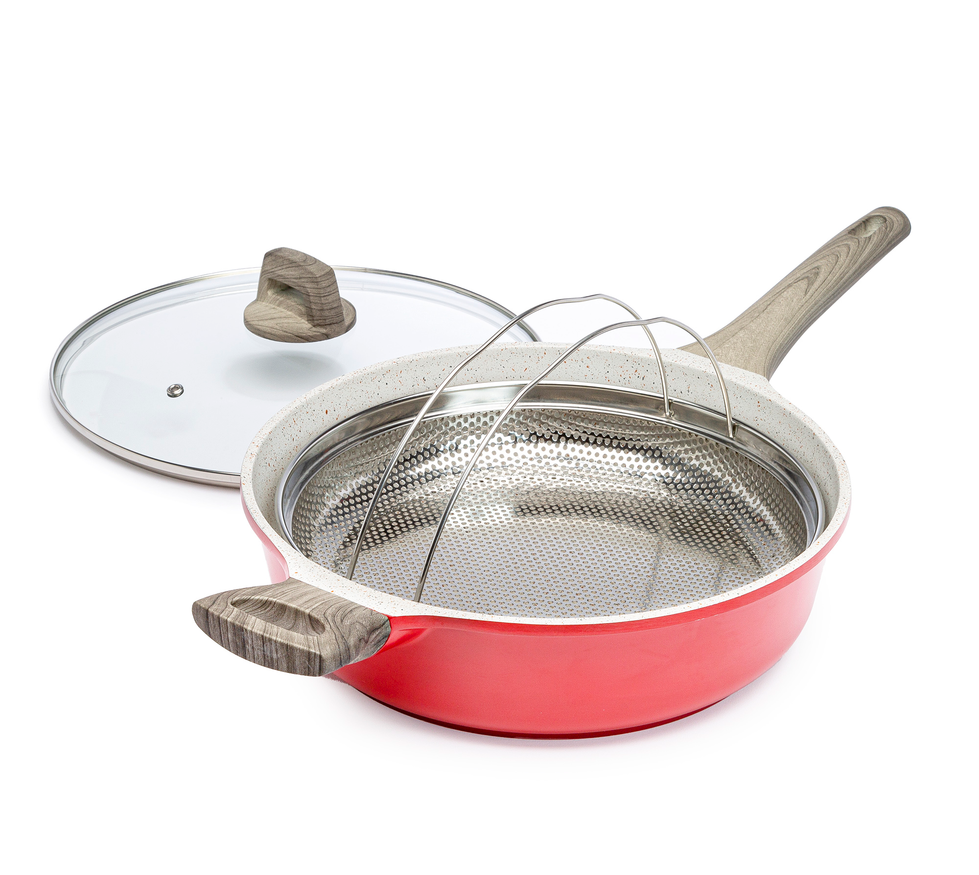 red pan with wood handles, clear lid, and a steamer basket with handle