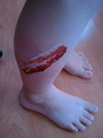 The bacon bandage on a reviewer's leg