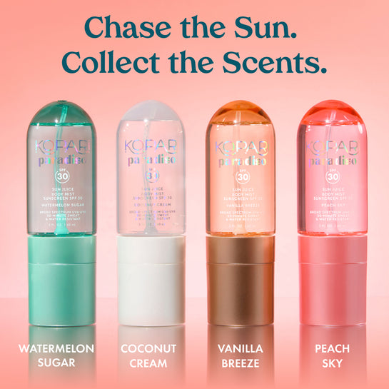 Four sunscreen bottles labeled Watermelon Sugar, Coconut Cream, Vanilla Breeze, and Peach Sky, with tagline 