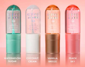 Four sunscreen bottles labeled Watermelon Sugar, Coconut Cream, Vanilla Breeze, and Peach Sky, with tagline