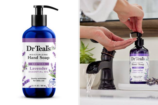 Two images of the hand soap and a model using it