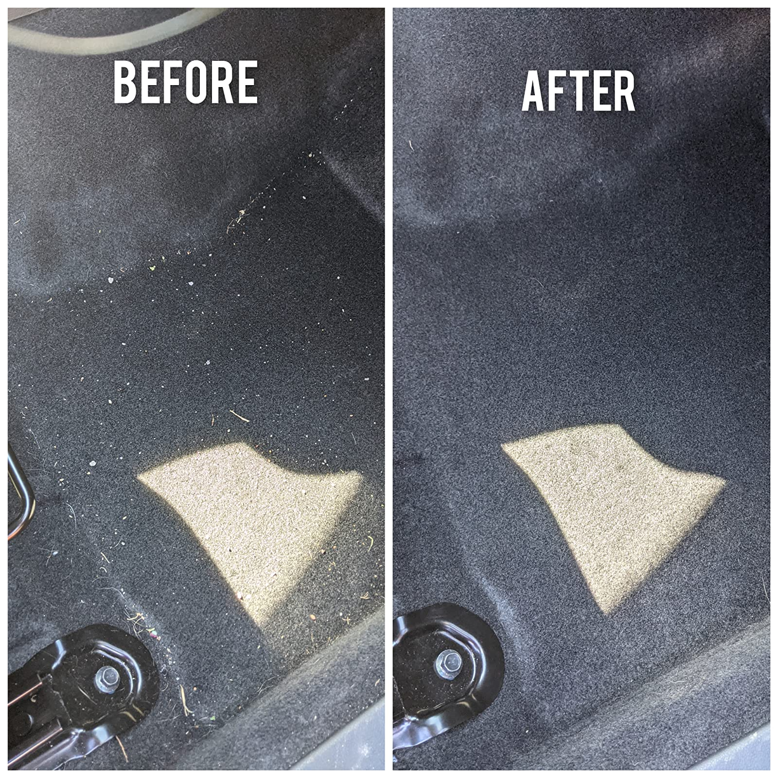 a reviewer photo of their dirty car floor on the left labeled 