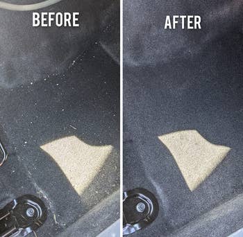 A reviewer's dirty car floor on the left labeled 