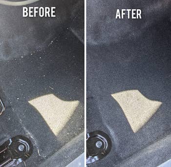 a reviewer photo of their dirty car floor on the left labeled 