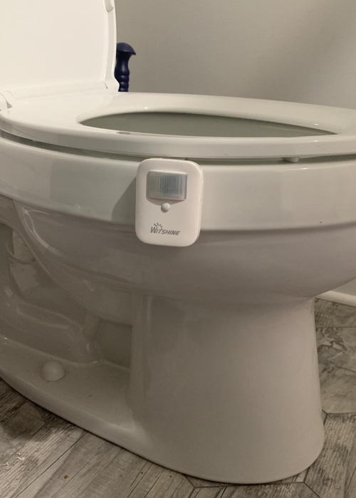 a reviewer photo of the light mounted on a toilet 