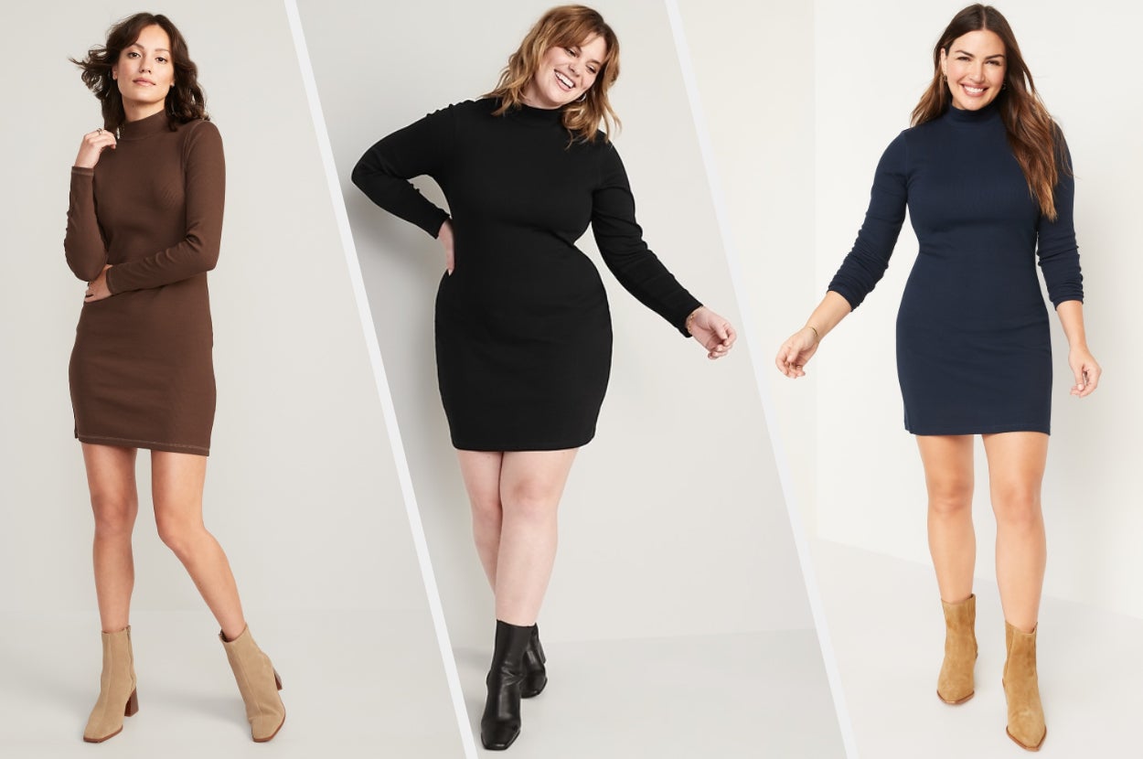 Three images of models wearing brown, black, and navy dresses