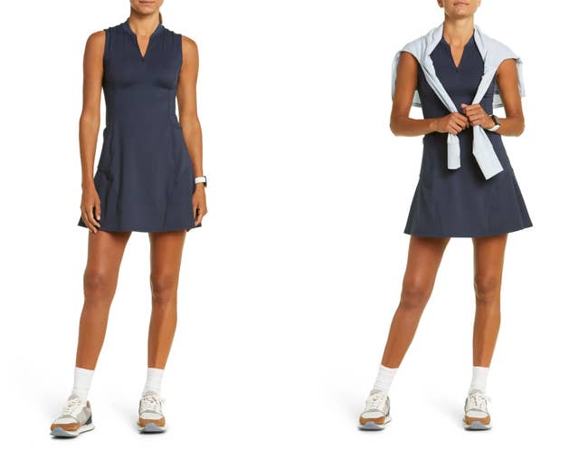 a model wearing the tennis dress with white socks, sneakers, and a cardigan