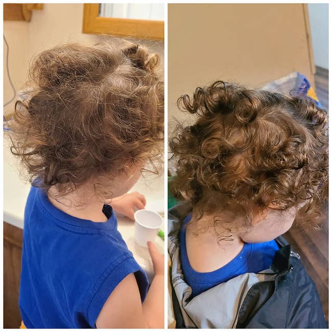 A before-and-after comparison of a child's hair transformation from frizzy to defined curls after using a product