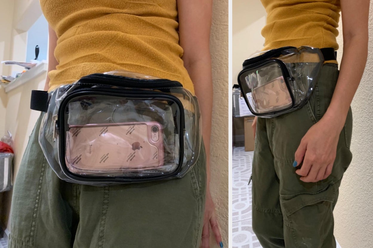 Front and side view of reviewer wearing black and clear fanny pack around their waist with a pink of it cell phone inside