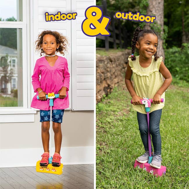 a child model jumping on the foam pogo stick indoors and outdoors