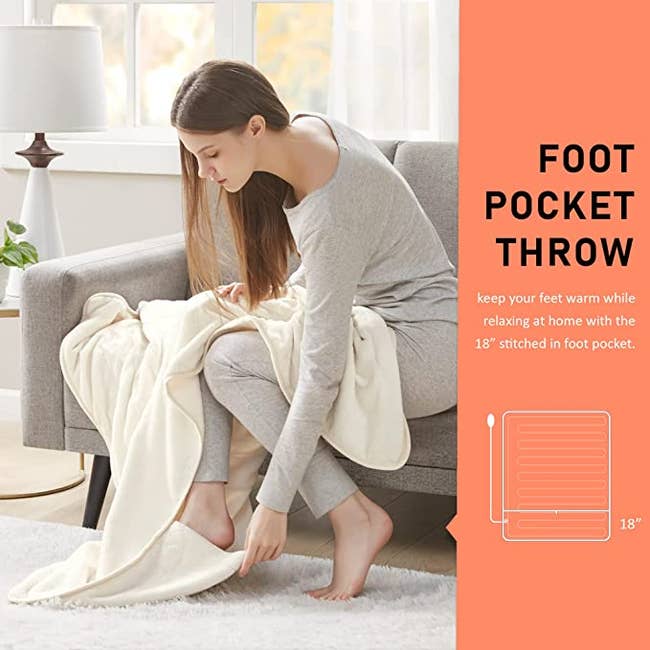 model putting their feet in the electric blanket