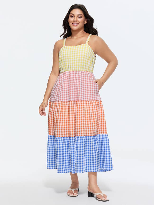 A exemplary  successful  a gingham tiered maxi formal  with bladed  straps and sandals