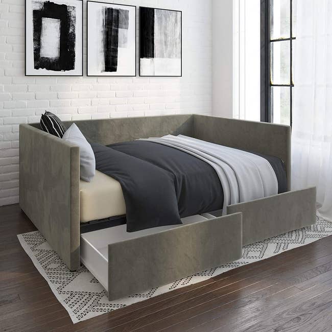 grey velvet day bed with pull-out storage drawers