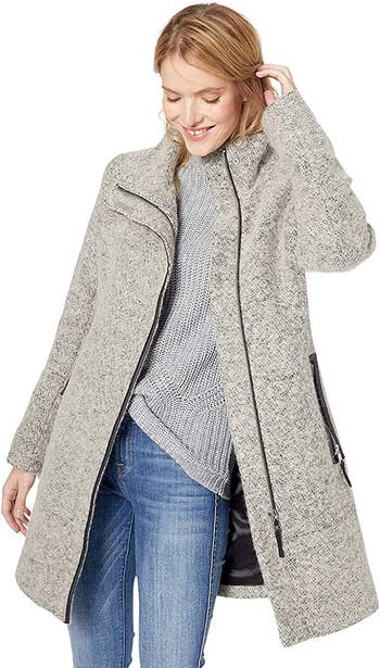 model wearing gray wool coat