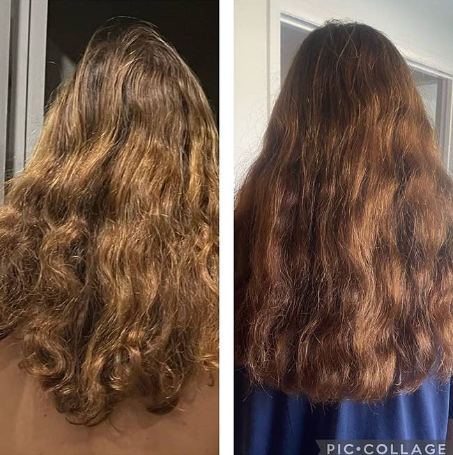 split image of reviewer's hair before and after using hair treatment