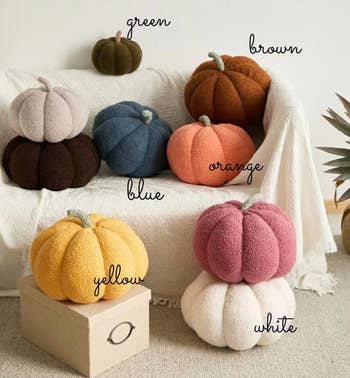 the pumpkin pillows in all six colors and different sizes