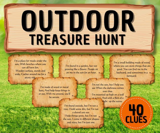Image of a poster for an outdoor treasure hunt with various playful clues written on a wooden sign background