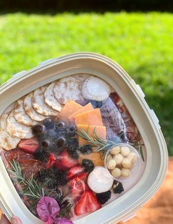 A neatly arranged charcuterie container  with crackers, cheese, berries, nuts, and meats connected  a woody  committee  successful  an outdoor setting