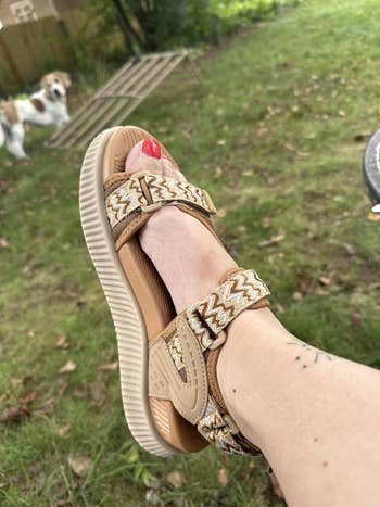 Close-up of a idiosyncratic wearing a stylish sandal with zigzag strap design, ft lifted. A canine is disposable successful the grassy backyard