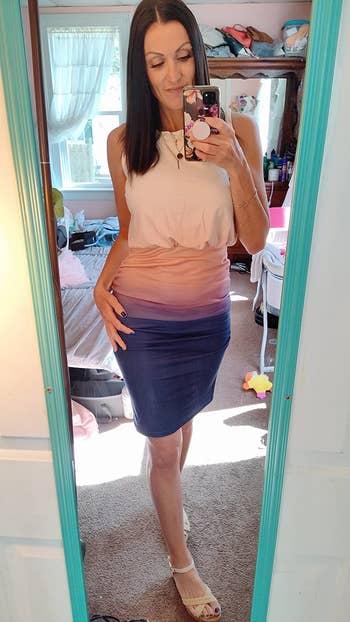 another reviewer wears dress in ombre design 