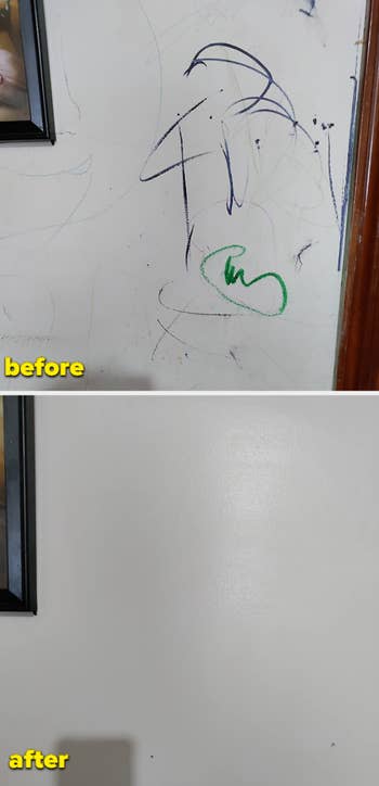 reviewer's before and after of a dirty wall with crayon now clean
