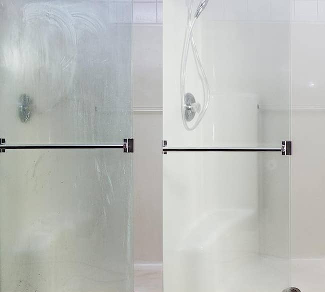 A cloudy, dirty shower door/The same door now clean and transparent 