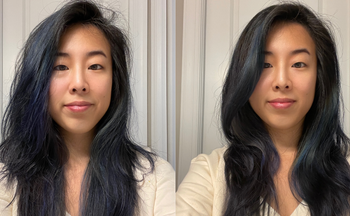 before and after of a person with long straight asian hair - left side looks dry and frizzy, right side looks smooth and hydrated with waves
