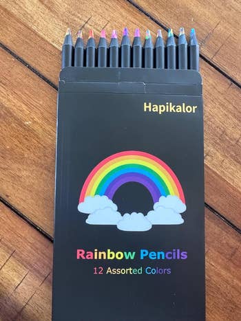Box of 12 colorful pencils labeled