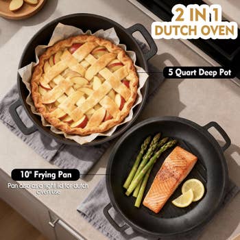 Dutch oven acceptable with pastry successful heavy cookware and salmon, asparagus successful frying pan; labeled 5-quart heavy cookware and 10-inch frying pan, dual-use arsenic oven lid