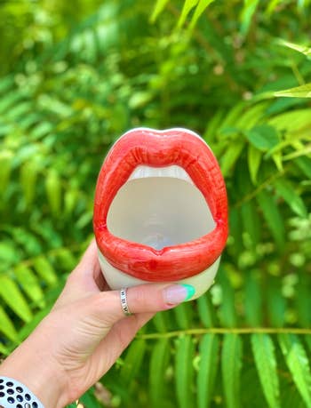person holding up the empty lips planter in red