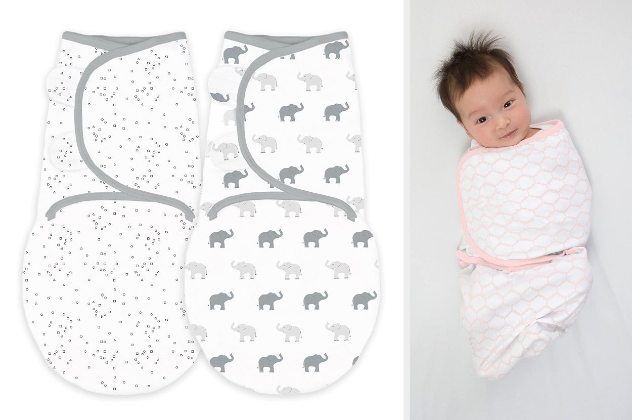 Two gray patterned baby blankets side-by-side on white background, model wrapped in product in pink